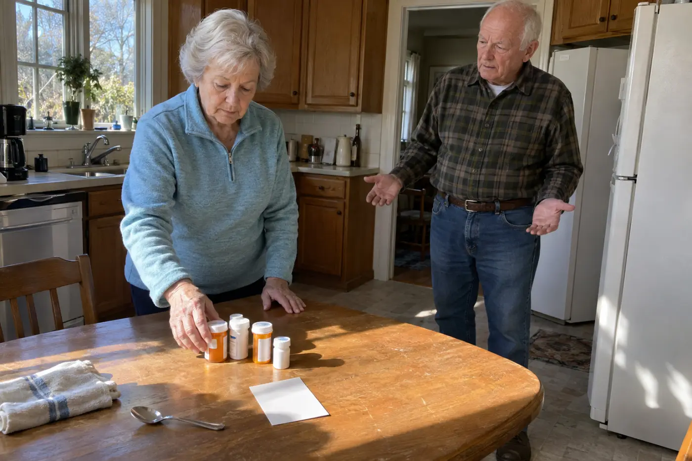 Older woman arranging prescription bottles beside a pharmacy card on her kitchen table.
