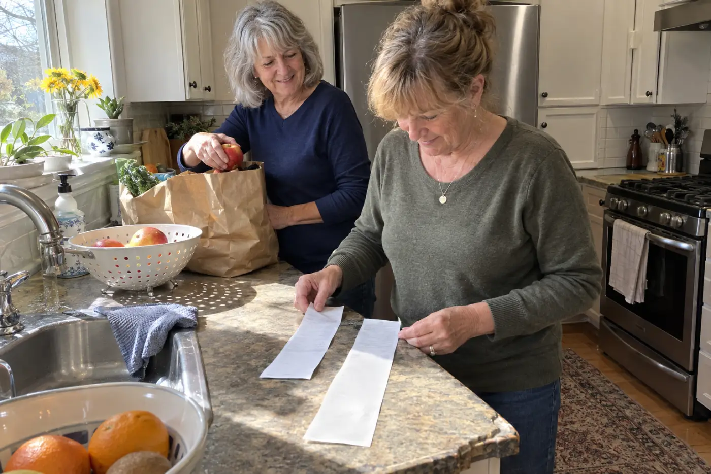 Older woman comparing grocery receipts at her kitchen counter.