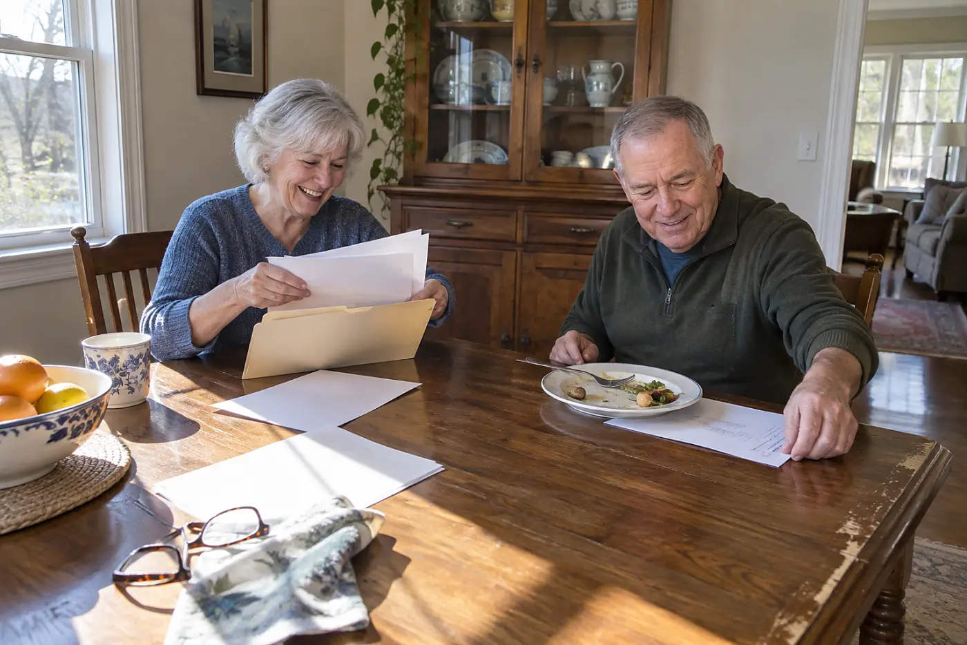 Older woman sorting tax forms into a folder at her dining table.