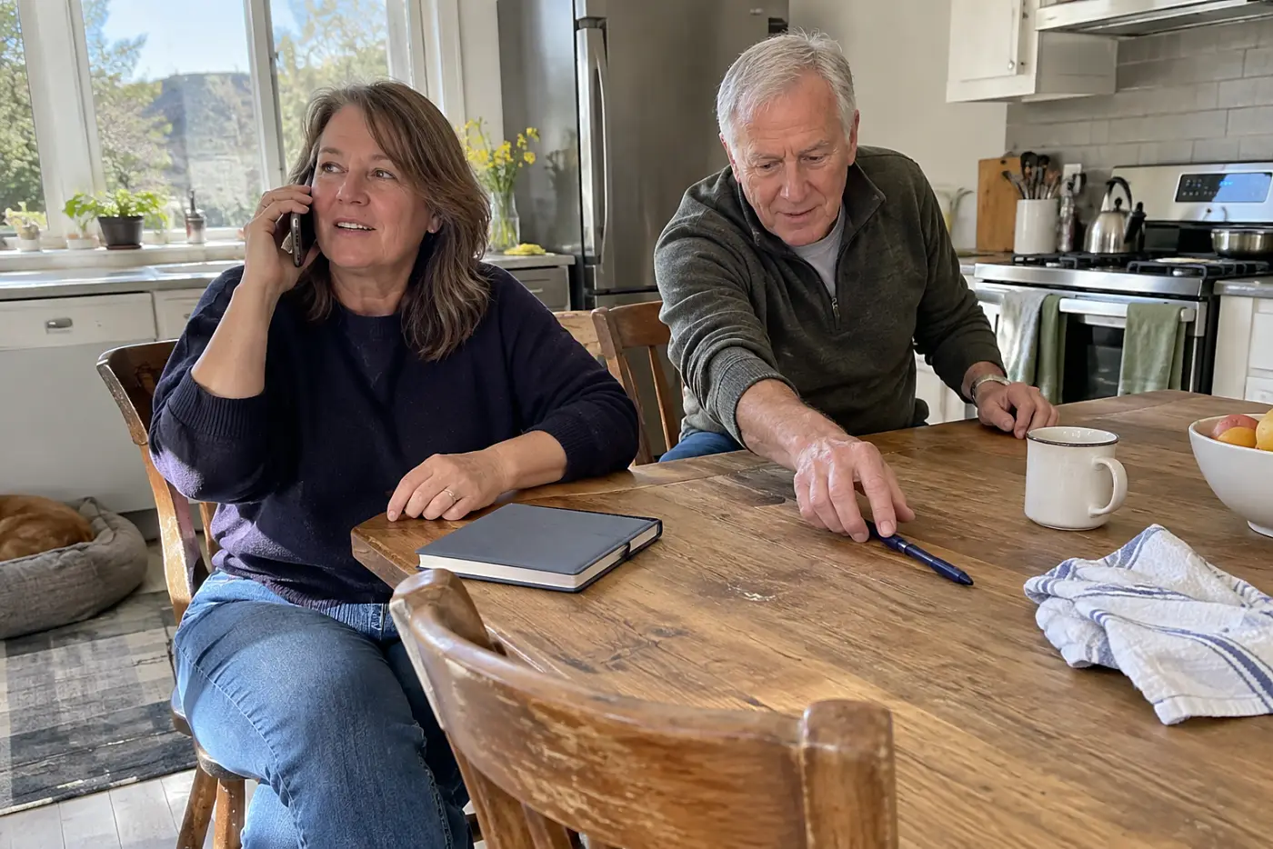 Adult daughter writing in a notebook during a call at her kitchen table.