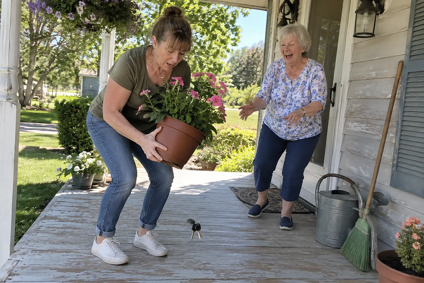 Adult daughter collecting spare keys from a flowerpot beside her mother’s porch.