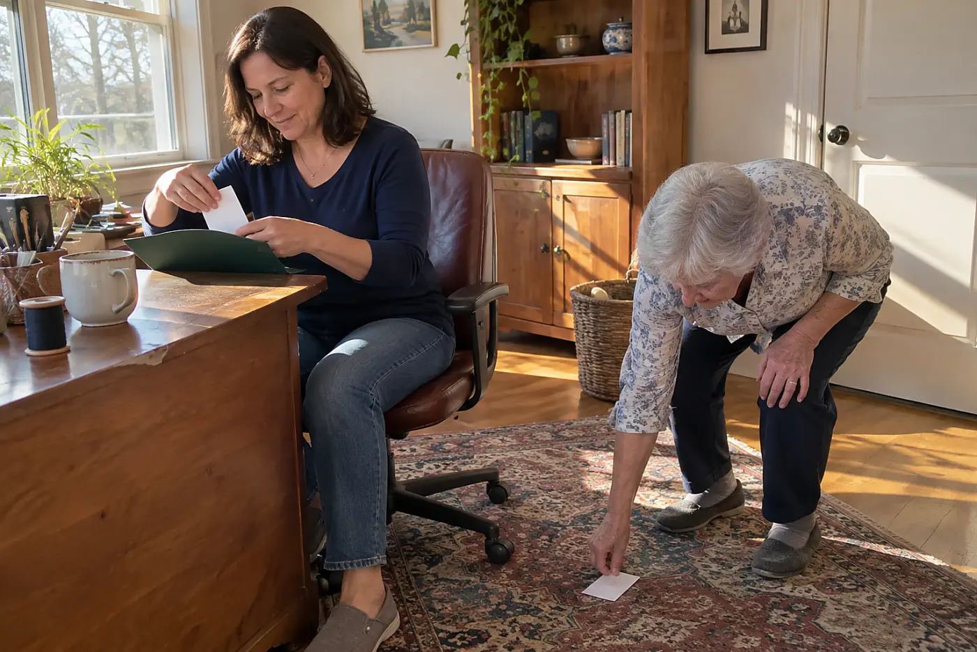 Adult daughter placing insurance cards in a folder at her mother’s desk.