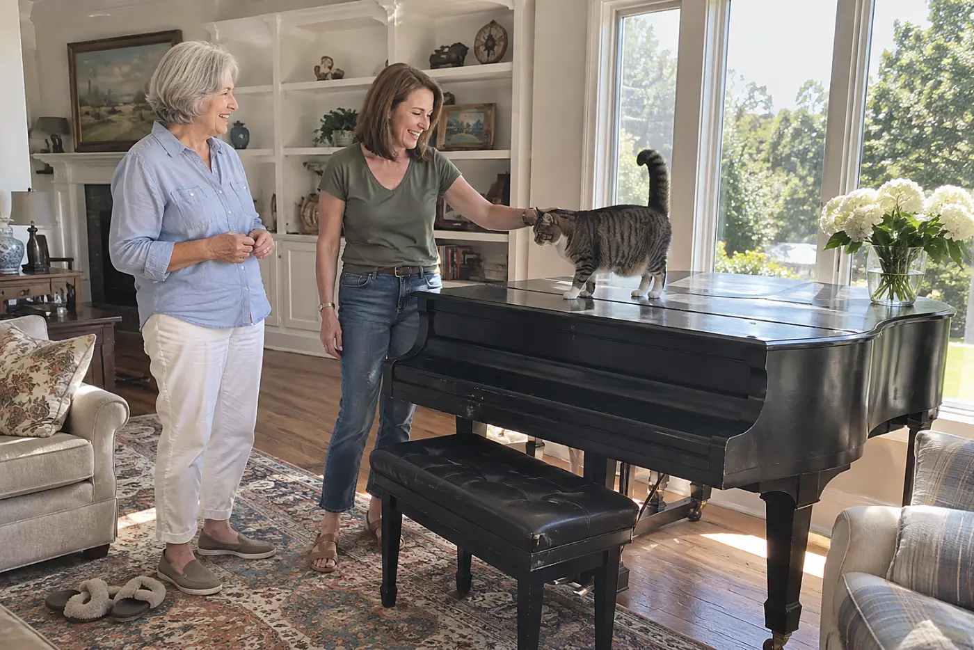 Mother and daughter looking at a piano in the living room.