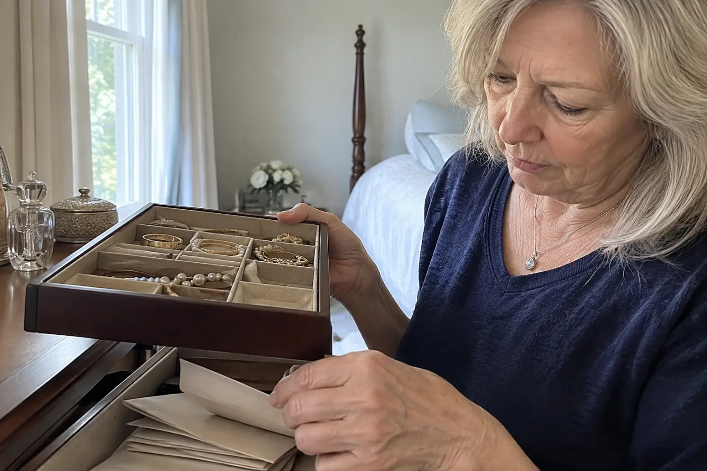 Folded old jewelry papers with blank sides facing up sit beneath the lifted tray of a jewelry box as a woman in her sixties examines them.
