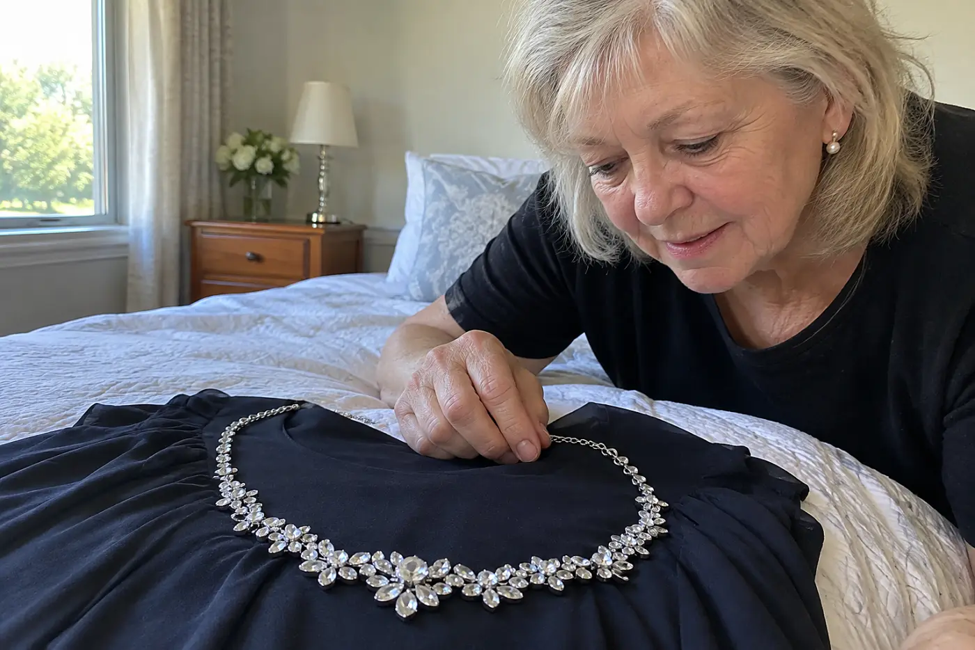 A rhinestone necklace rests in the center of a dark dress laid across a bed, with its full shape and clasp visible.