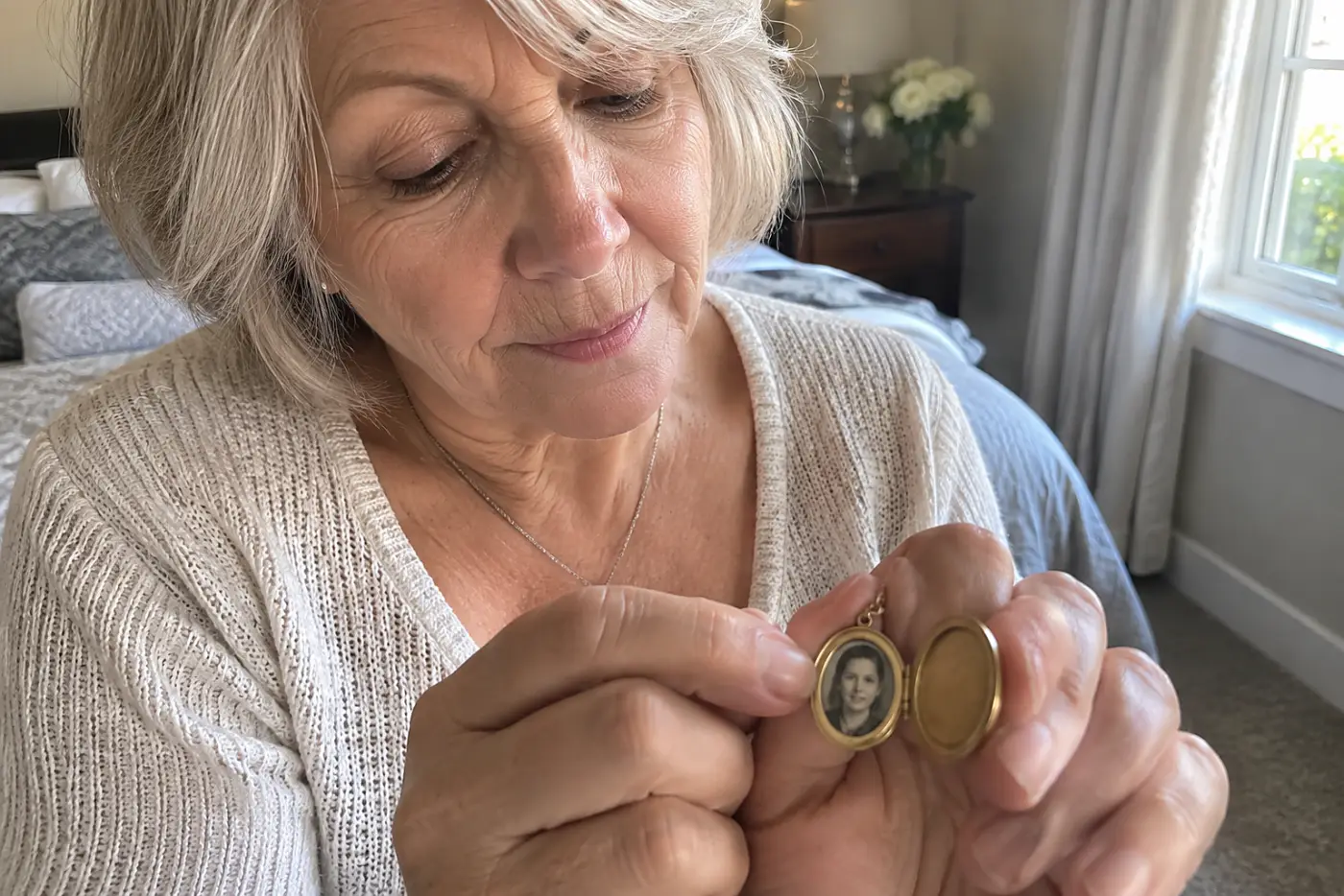 An open gold locket with a small unmarked portrait sits in the center of a woman's palm in a lived-in bedroom.