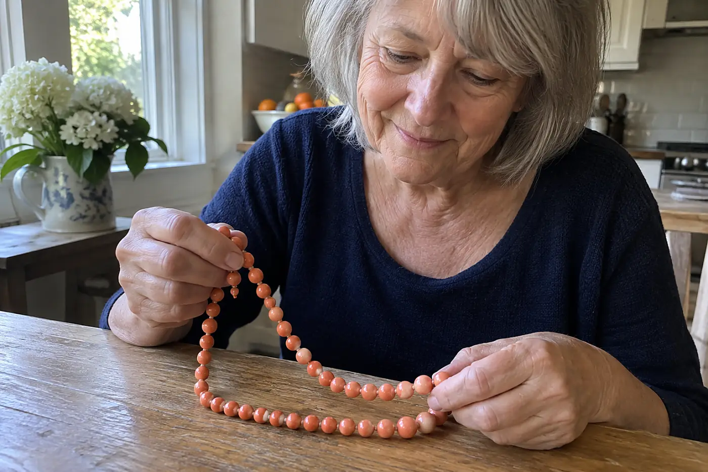 A coral-colored bead necklace lies in the center of a kitchen table near a window, with a woman in her sixties examining the strand.