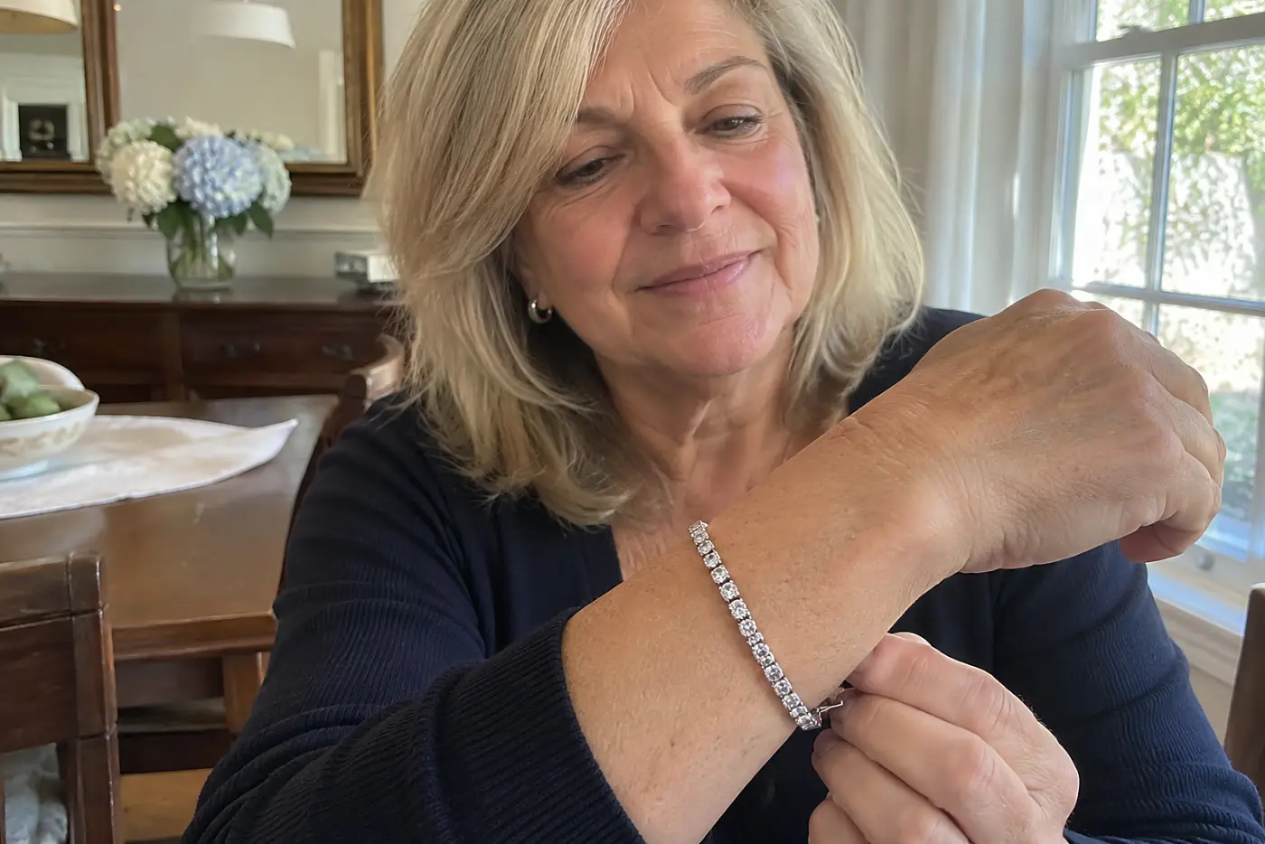 A tennis bracelet with small clear stones circles the wrist of a woman in her sixties at a dining table, its latch turned toward the camera.