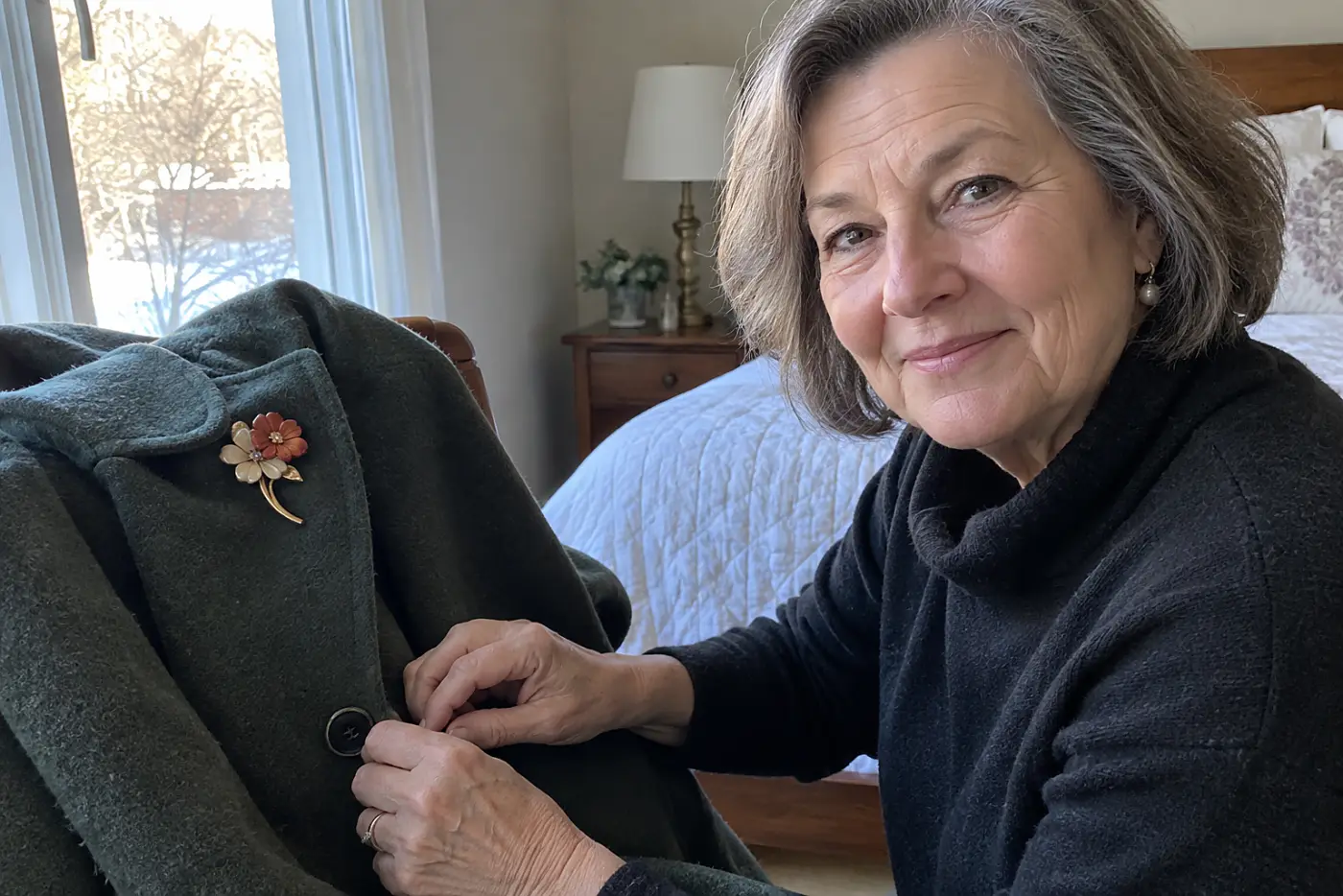 A flower brooch sits in the center of a winter coat laid across a chair, its colored petals and complete pin clearly visible.