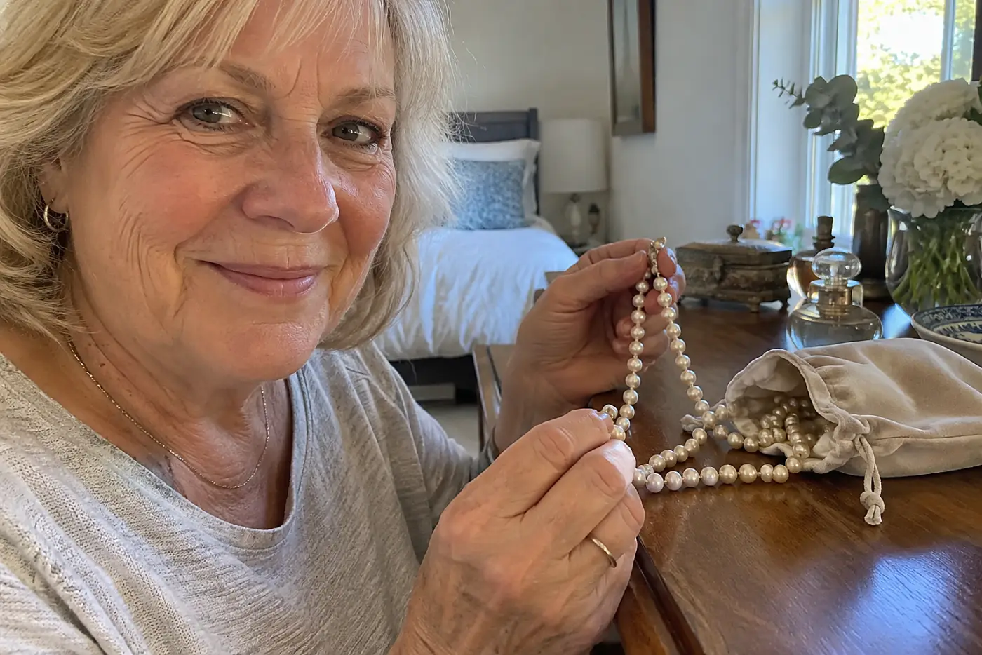 A round-bead necklace spills from a plain cloth pouch in the center of a dresser while a woman in her sixties holds its clasp.
