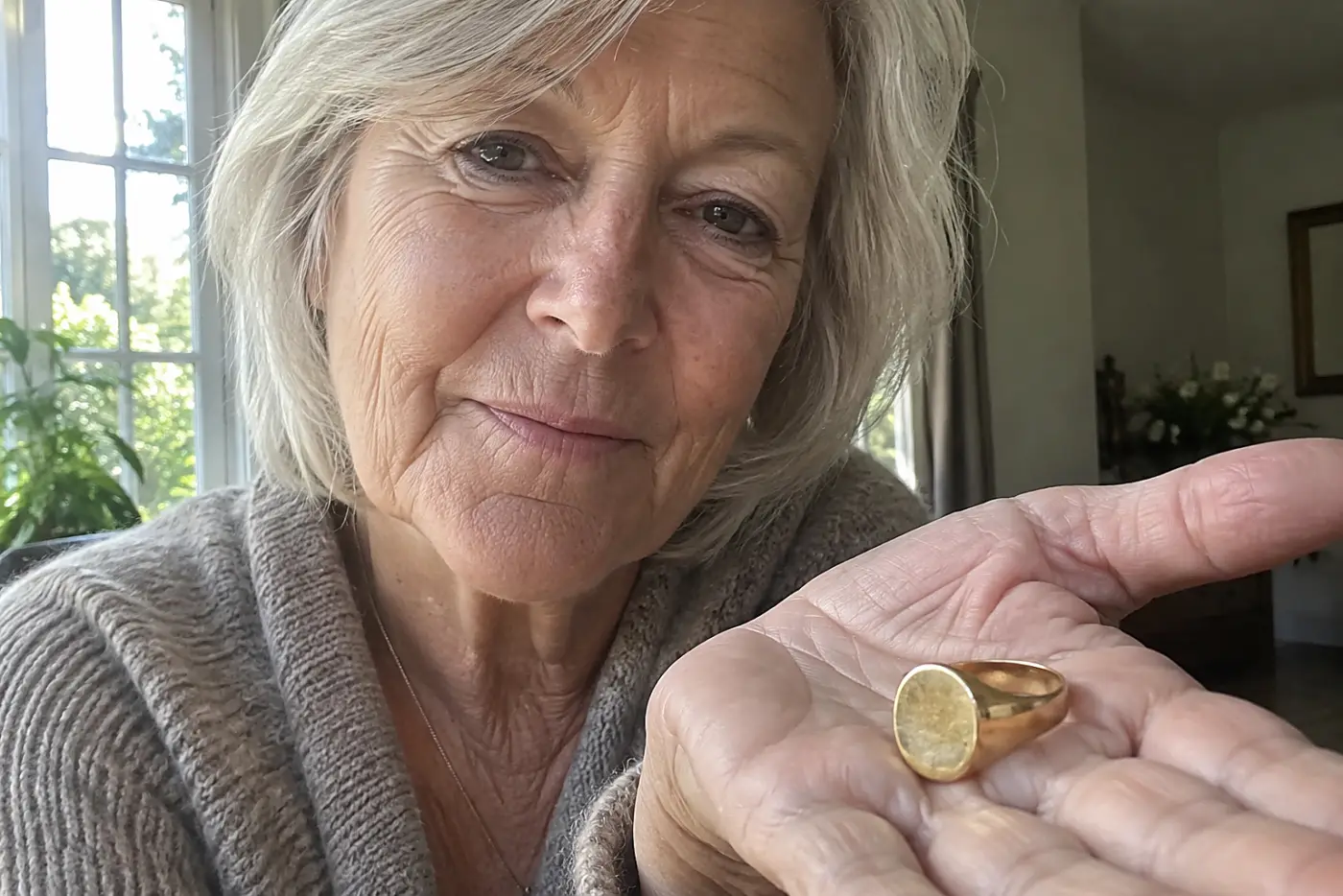 A heavy gold signet ring rests in the center of a woman's open hand by a window, showing its worn face and broad band.
