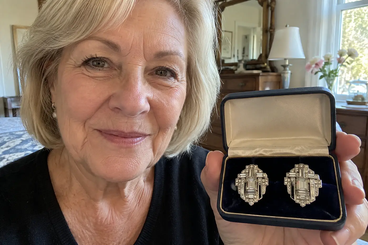 Two matching Art Deco dress clips sit side by side in the center of an open jewelry box on a bedroom dresser.