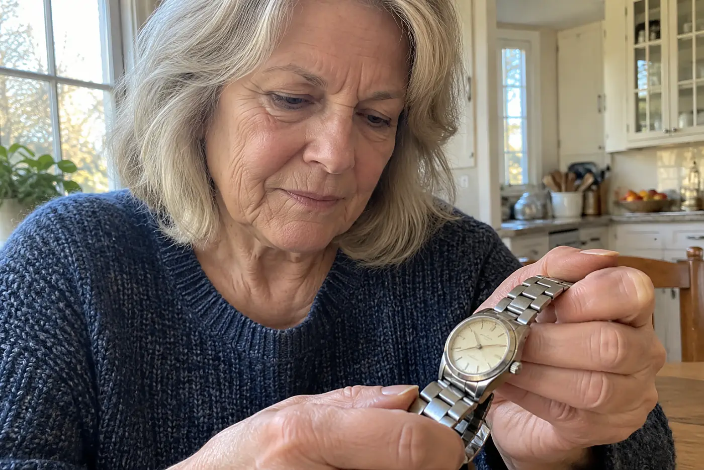 A small winding wristwatch rests faceup in the center of a woman's palm at a kitchen table, its worn bracelet fully visible.