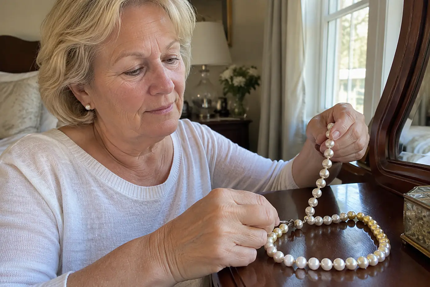 A pearl strand with its clasp visible lies in the center of a bedroom dresser as a woman in her sixties lifts one end.