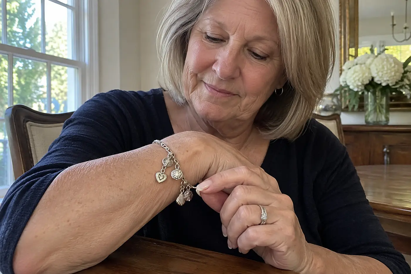 A silver charm bracelet circles the wrist of a woman in her sixties at a dining table, with its small charms clearly visible.