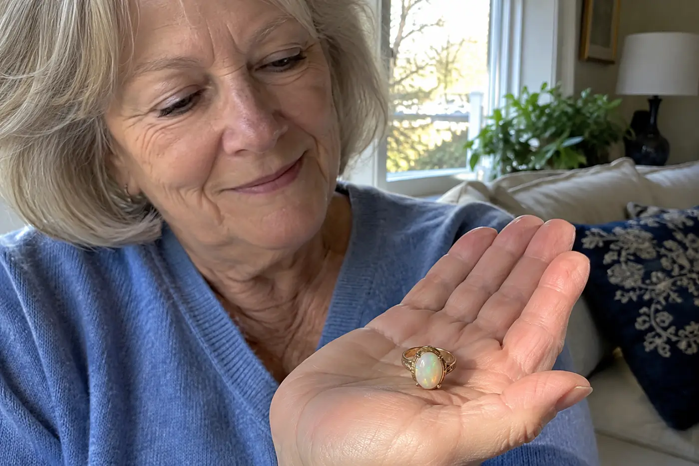 A milky opal ring sits in the center of a woman's hand near a living room window, with its stone and setting in focus.