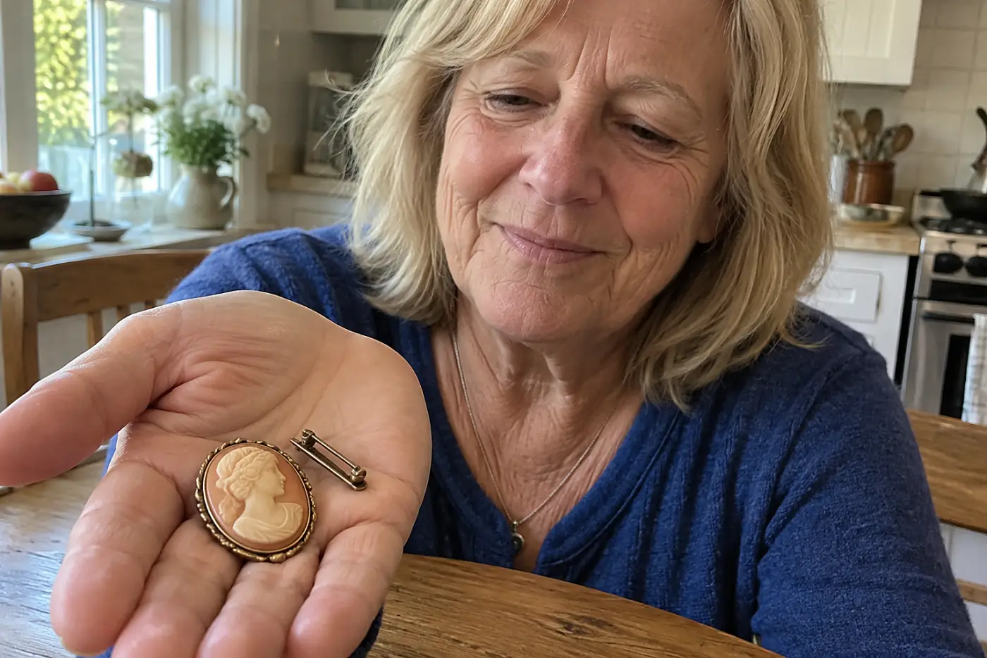 A peach-colored cameo brooch sits in the center of an open palm, its pin back visible beside it in daylight at a kitchen table.