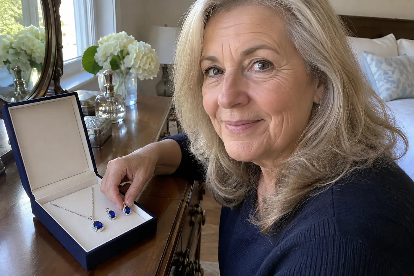 A matching necklace and pair of blue-stone earrings sit together in the center of an open jewelry box on a dresser.
