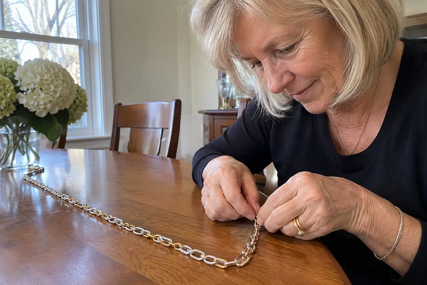A two-tone gold chain lies fully extended in the center of a wooden dining table while a woman in her sixties checks its clasp.
