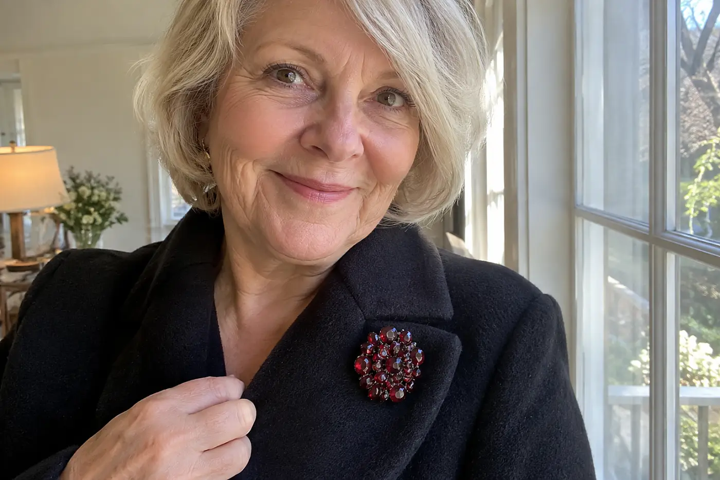 A deep red garnet cluster brooch sits in the center of a dark coat worn by a woman in her sixties near a window.