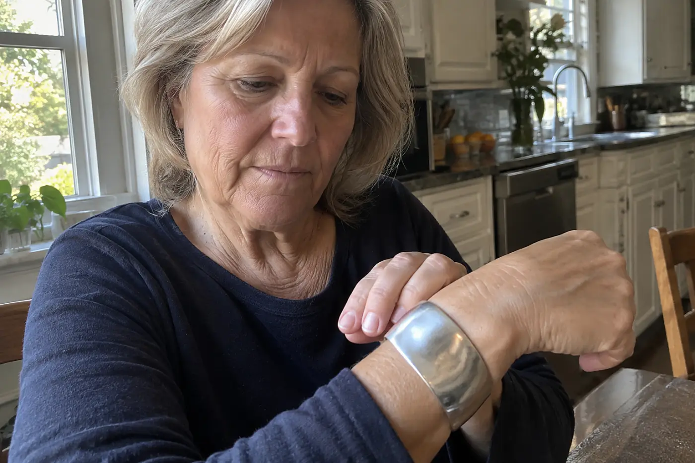 A wide silver cuff with a shallow dent circles the wrist of a woman in her sixties beside a kitchen table.