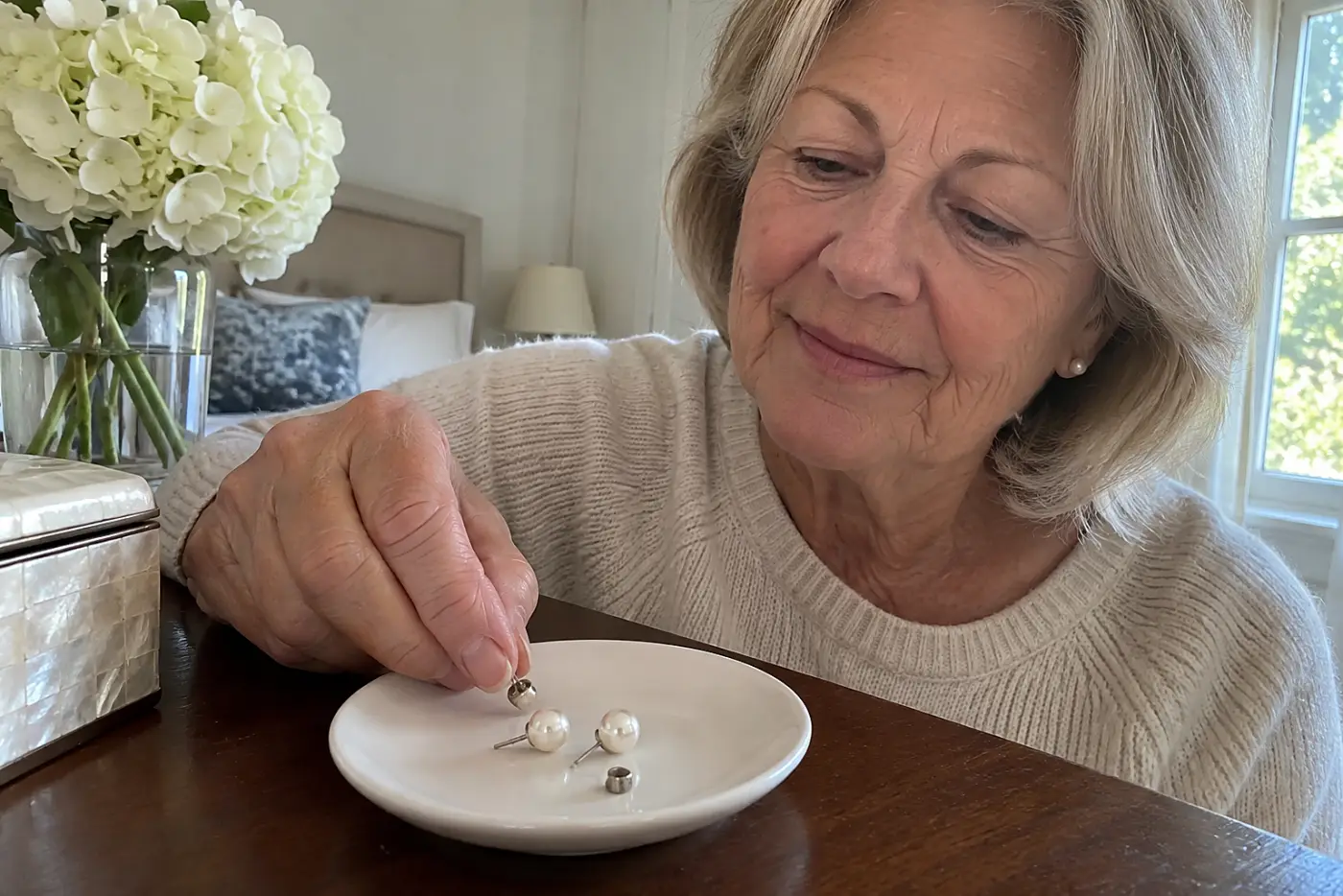 A pair of pearl post earrings and their backs sit in the center of a plain saucer on a bedroom dresser.