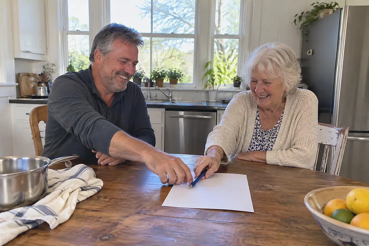 Older woman and her adult son signing a household agreement at the kitchen table.