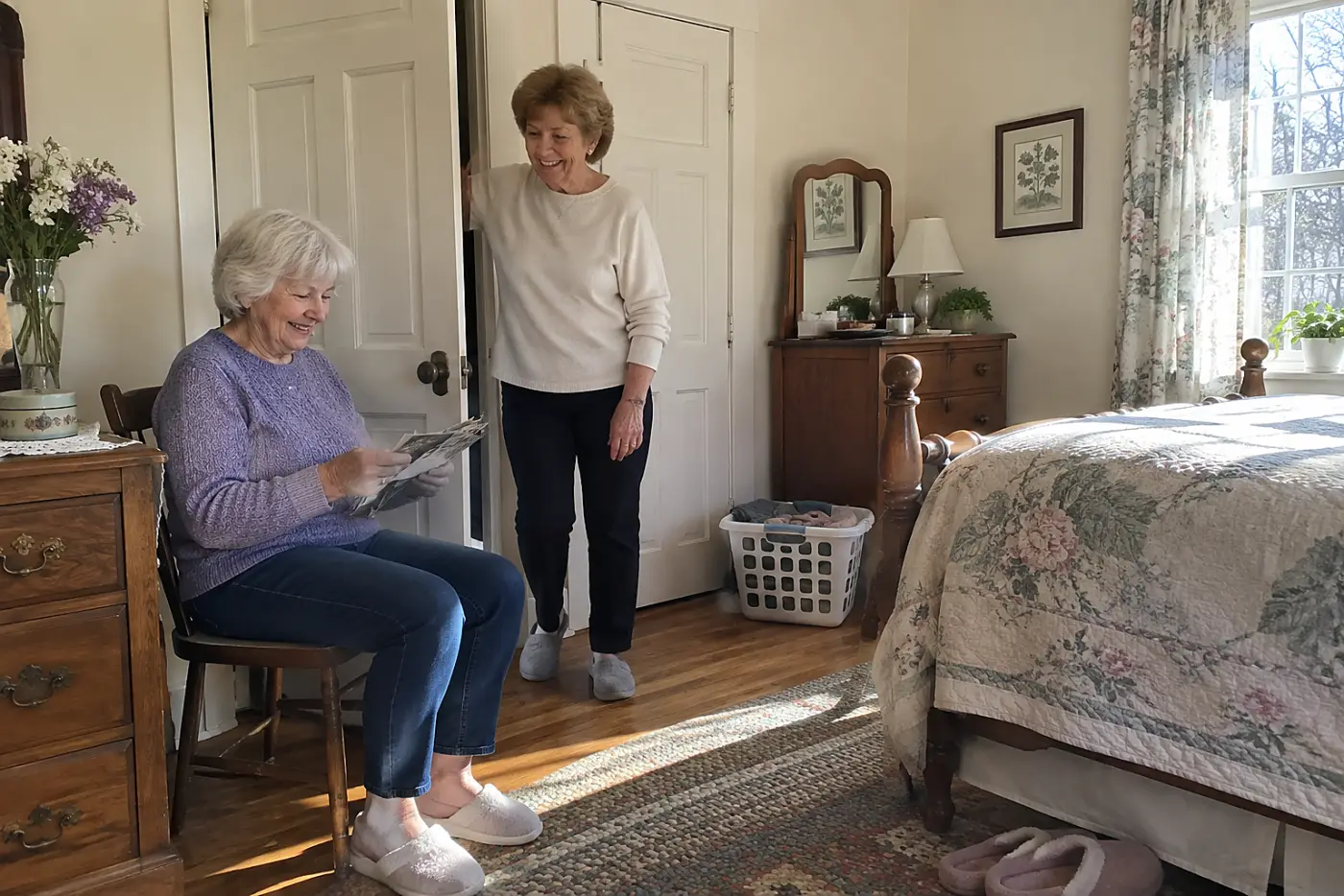Older woman reading in her bedroom beside a closed door.