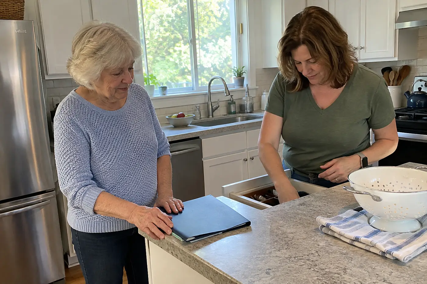 Older woman and her adult daughter checking a school contact form at the kitchen counter.