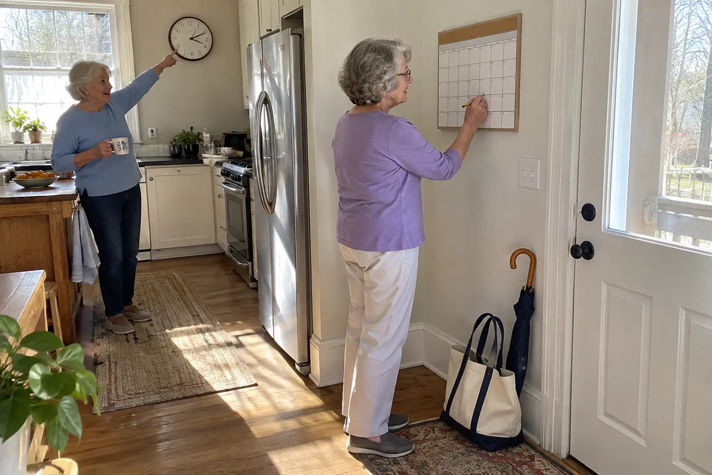 Older woman marking an afternoon appointment on a wall calendar.