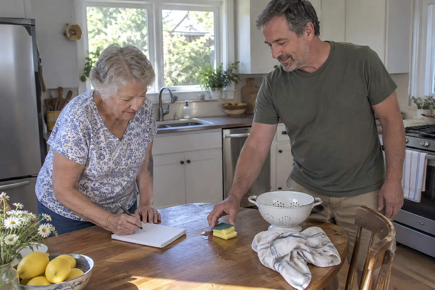 Older woman and her adult son writing chores on a notepad at the kitchen table.