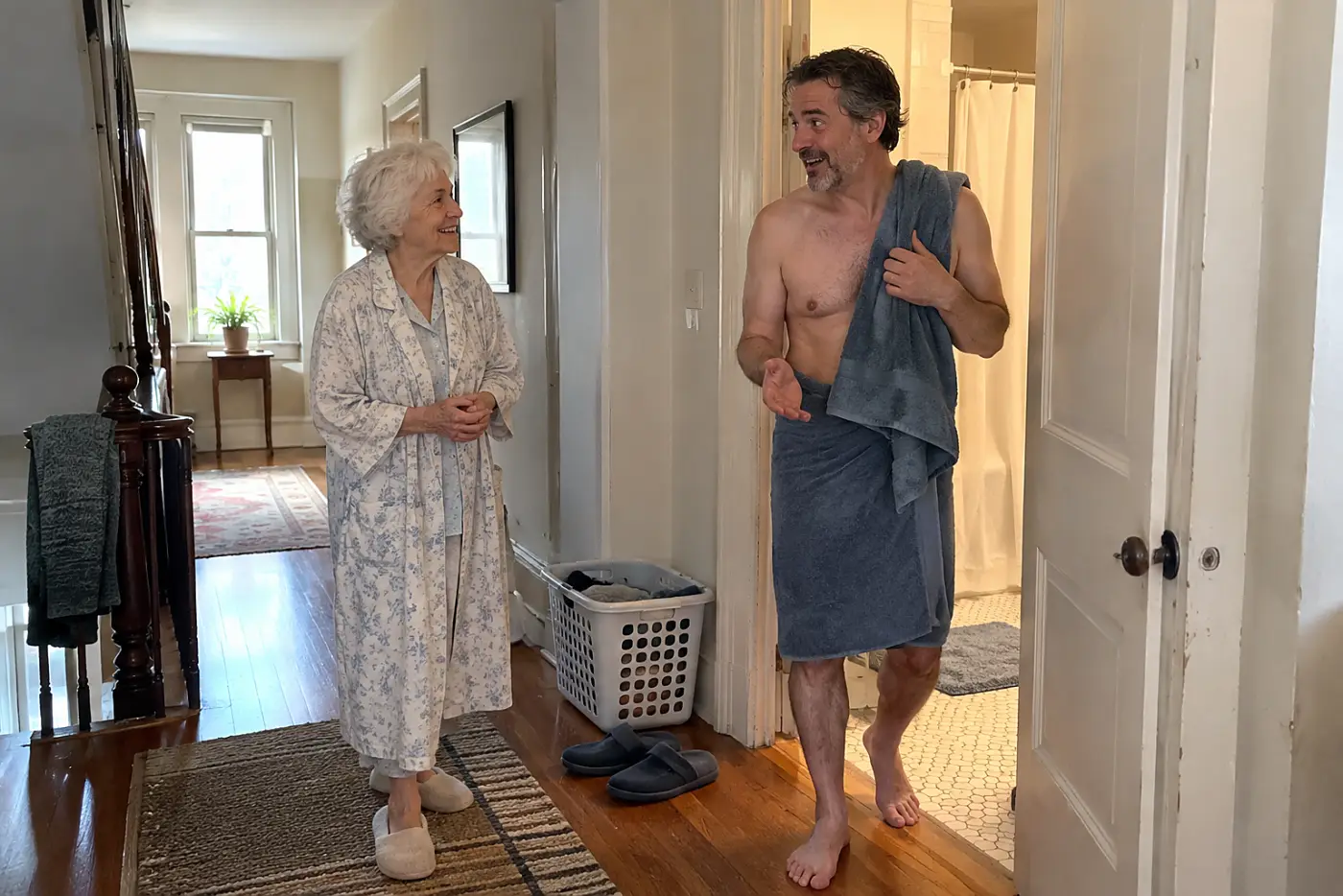 Older woman and her grandson standing outside a busy bathroom on a weekday morning.