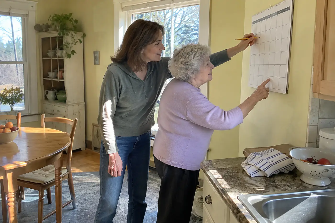 Older woman and her adult daughter marking bedtime hours on a kitchen calendar.