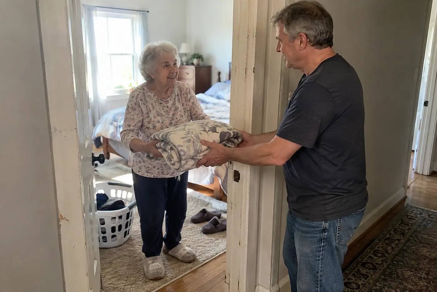 Older woman speaking with her adult son at the doorway of her bedroom.