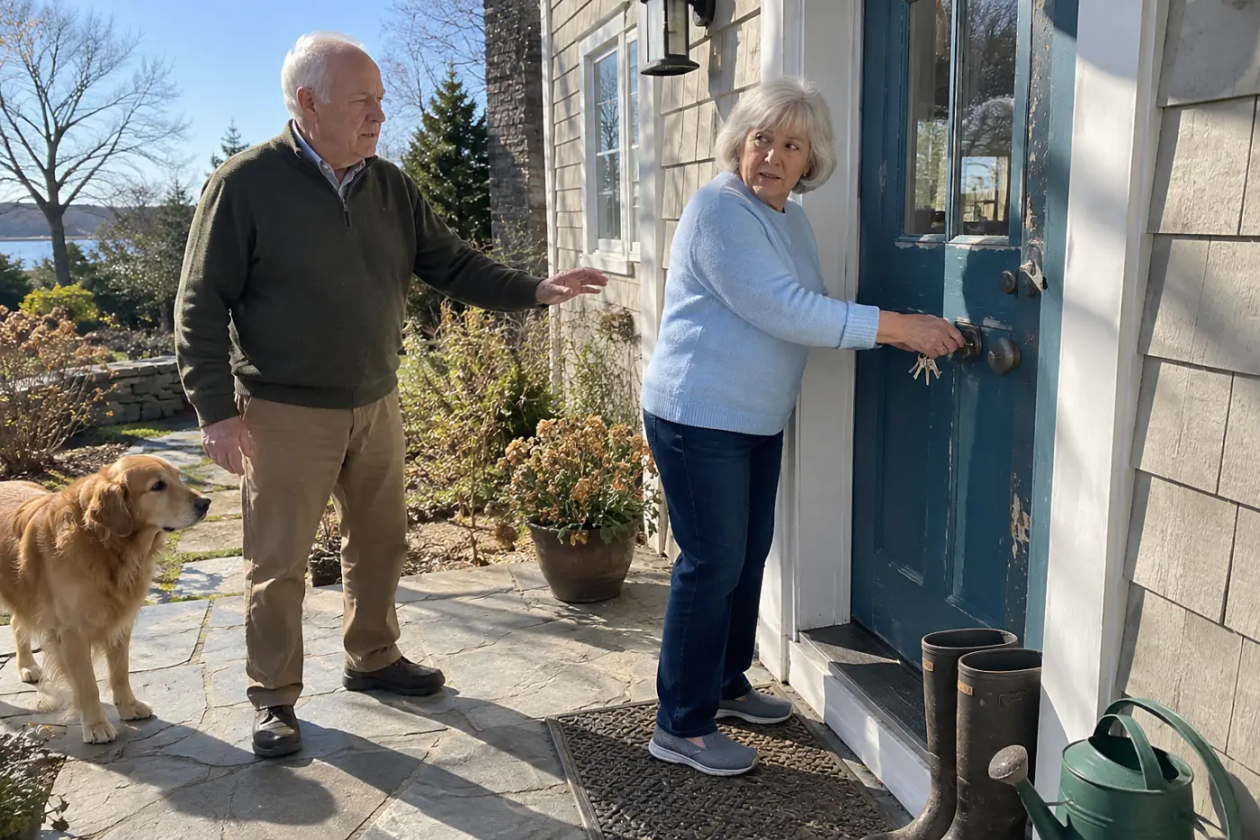 Older woman testing a key in the front door lock.