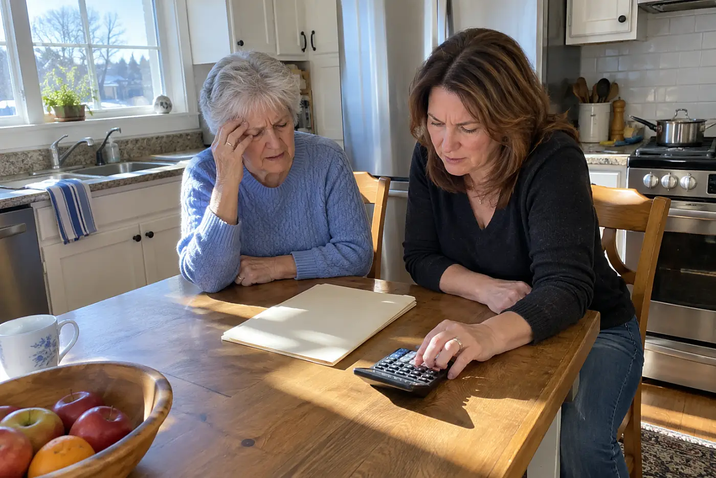 Older woman and her adult daughter looking at a furnace repair estimate in the kitchen.