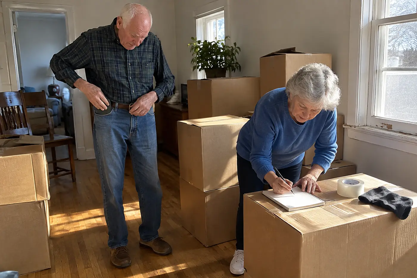 Older woman writing phone numbers in a notebook beside packed boxes.