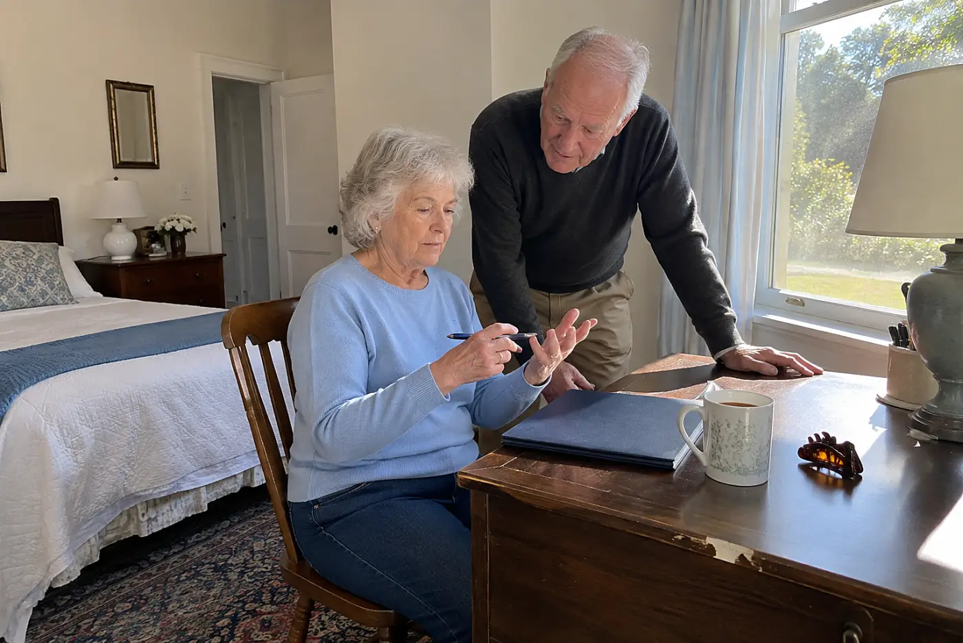 Older woman writing a payment amount beside a utility bill at a desk.