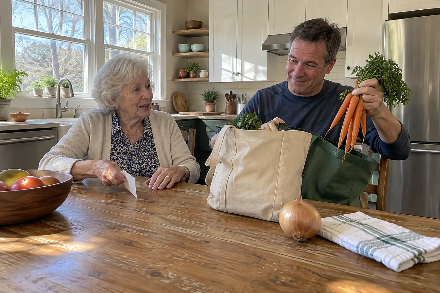 Older woman and her adult son reviewing a grocery receipt at a kitchen table.