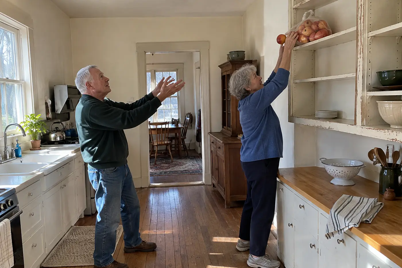 Older woman placing groceries on an empty kitchen shelf.