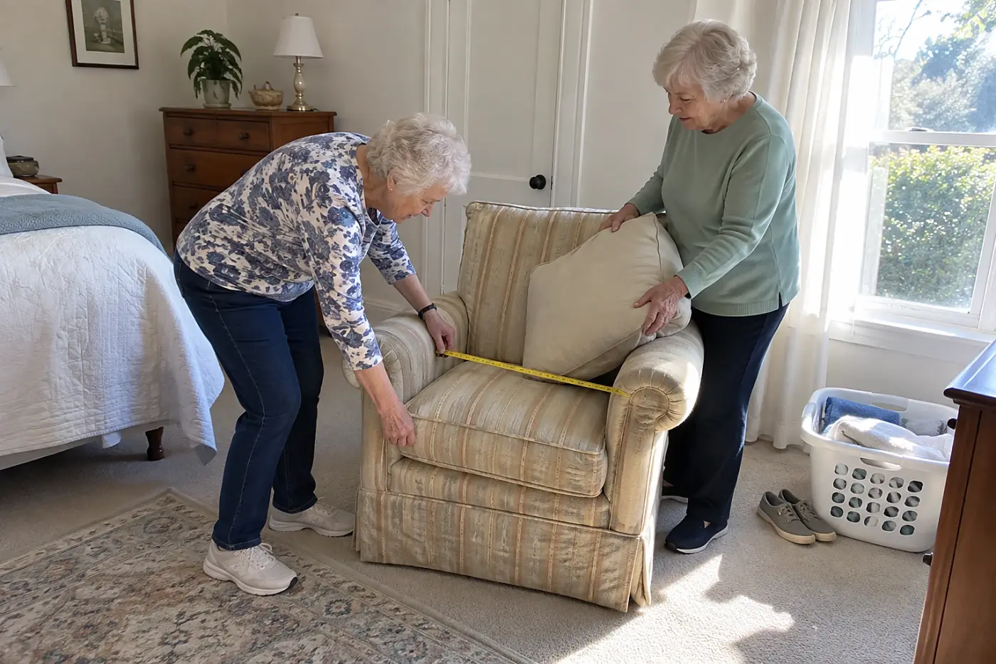Older woman measuring an armchair in a spare bedroom.