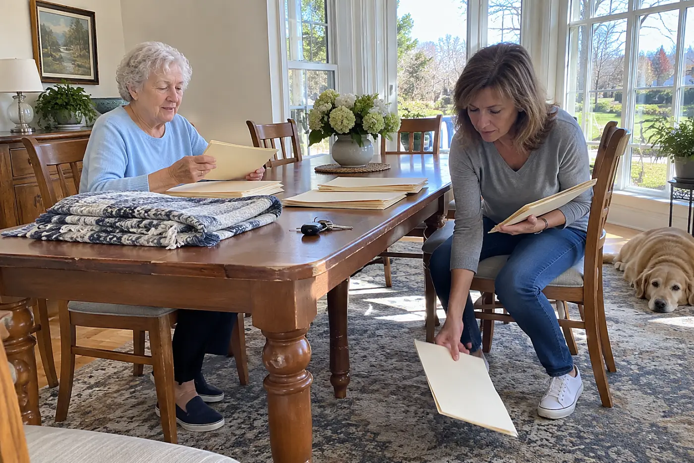Older woman and her adult daughter reading house papers at a dining table.