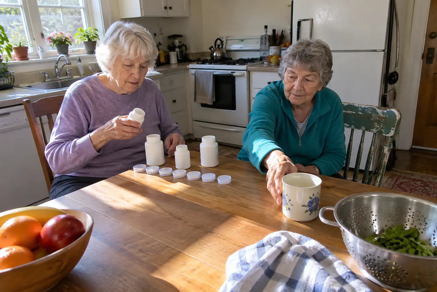 Older woman reviewing her medication list at a kitchen table.
