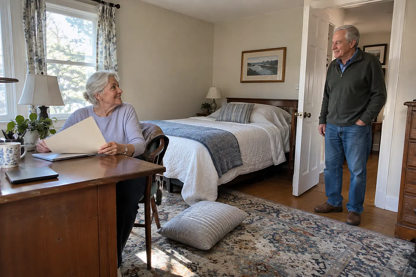 Older woman reading a signed directive at her bedroom desk.