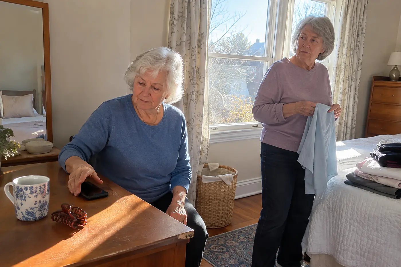 Older woman checking bank alerts on her phone at a bedroom desk.