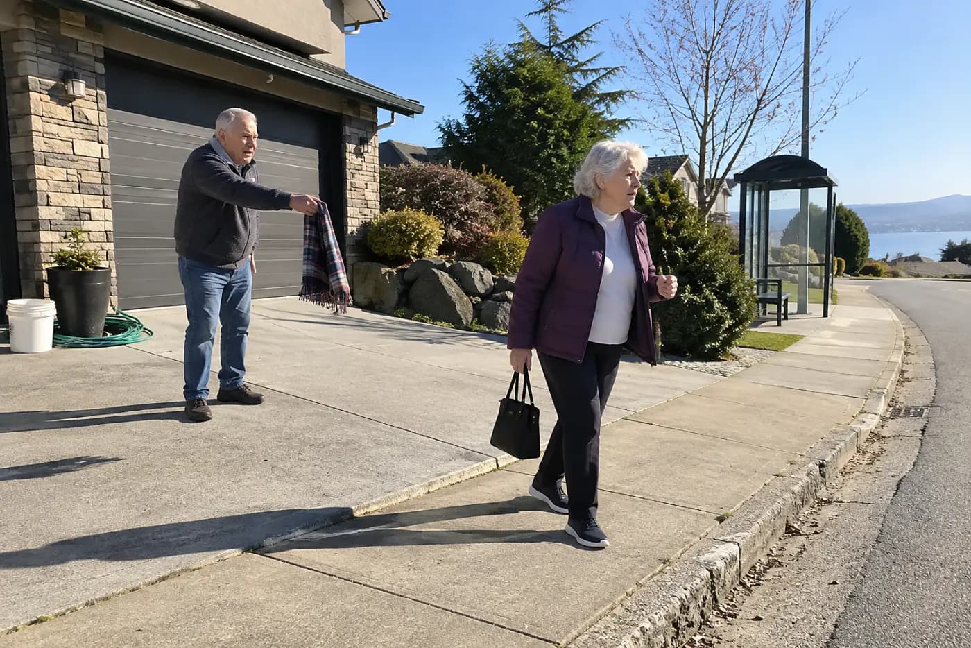 Older woman walking from a new driveway toward a nearby bus stop.