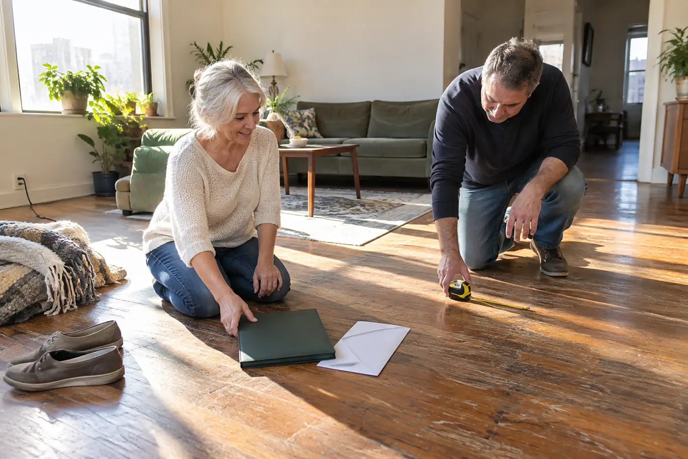 Woman comparing a route sheet with a moving estimate on her apartment floor.
