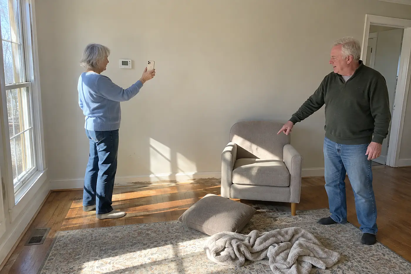 Woman photographing a thermostat above an empty living room wall.