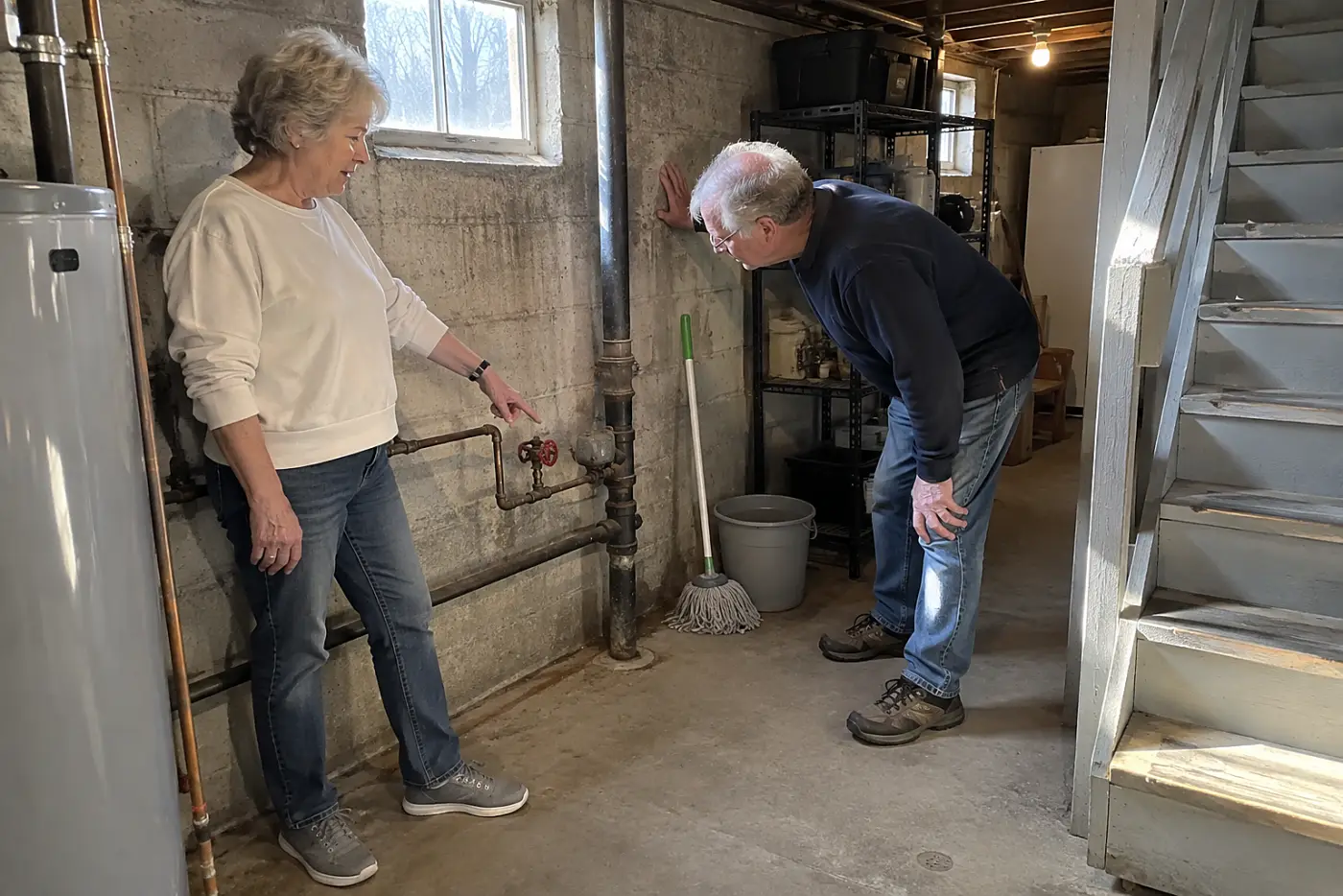 Woman pointing to a water shutoff valve in a basement.