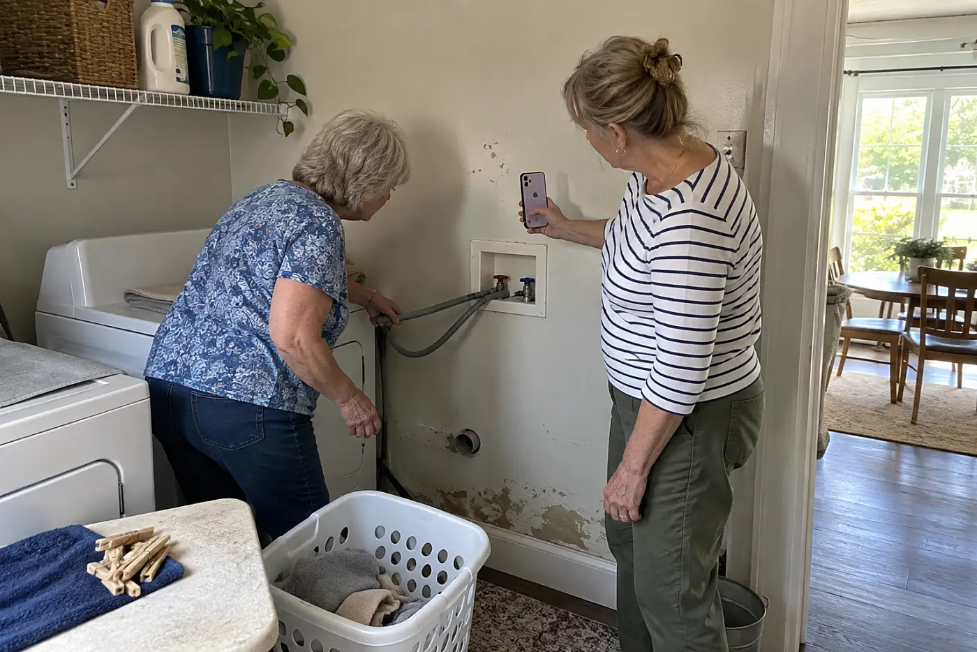 Woman photographing washer hookups in a laundry alcove.